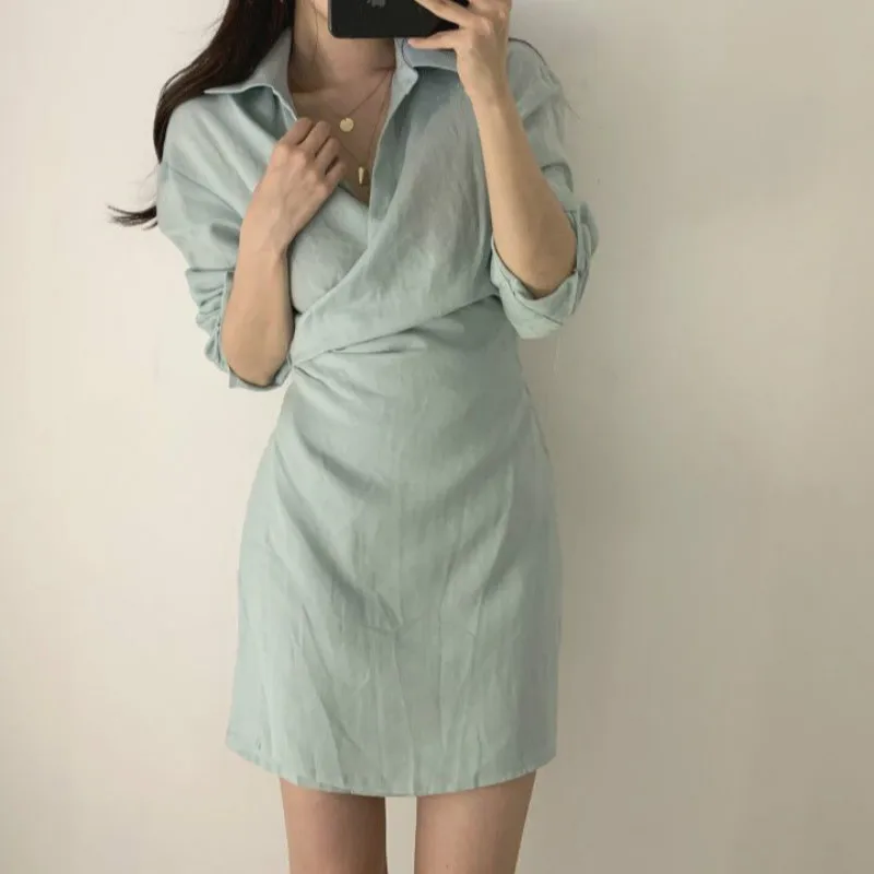 

Korea Women Autumn Sexy Mini Wrap Shirt Dress V Neck Vestidos Bodycon Robe Femme Elegant Sukienki Sommerkleid Jurken Sukienka