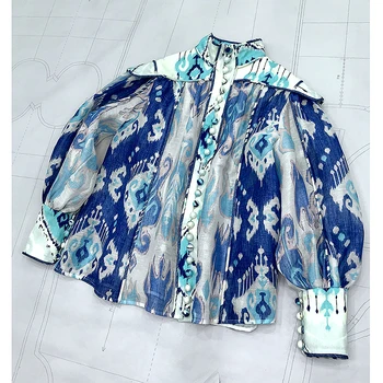 

European Fahsion Sky Blue Blouses 2020 Spring New Arrival Lantern Sleeve Luxury Top Quality Elegant Silk Linen Blouse Tops