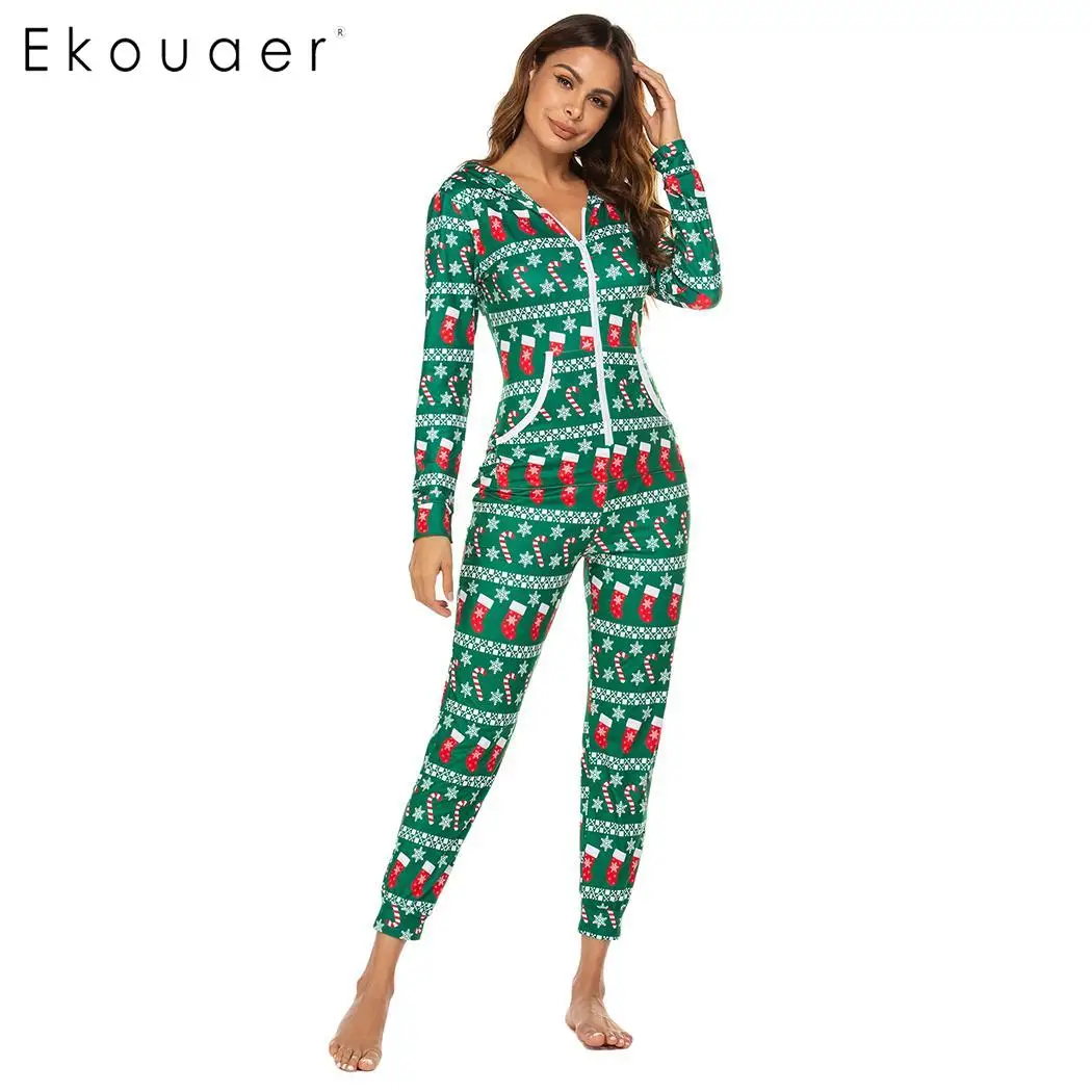 Пижамы Ekouaer для взрослых, женские пижамы с длинным рукавом и круглым вырезом, цельная Пижама с капюшоном