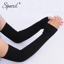 Sparsil New Cashmere Long Sleeve Gloves Protection Elbow Wool Knit Thick Glove Fingerless Wool Mittens Female Arm Warmers 50cm