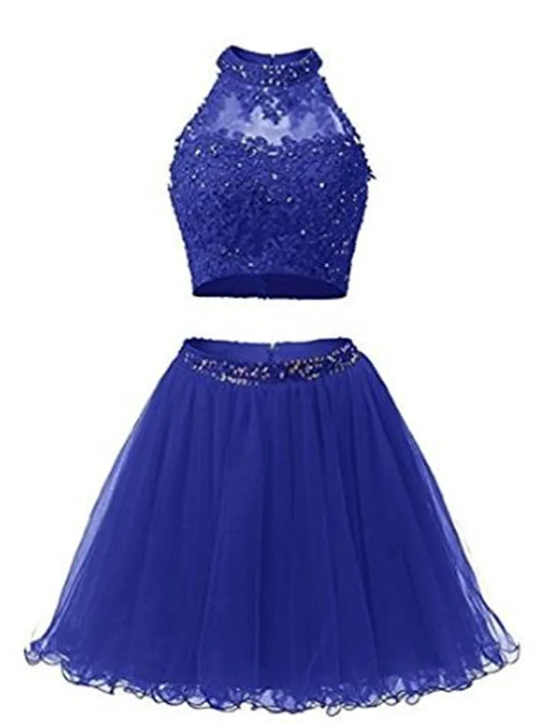 

Fashion Two Pieces Homecoming Dresses Sexy Open Back Tulle Applique Beading Short Prom Party Gown Graduation Dresses Custom Size