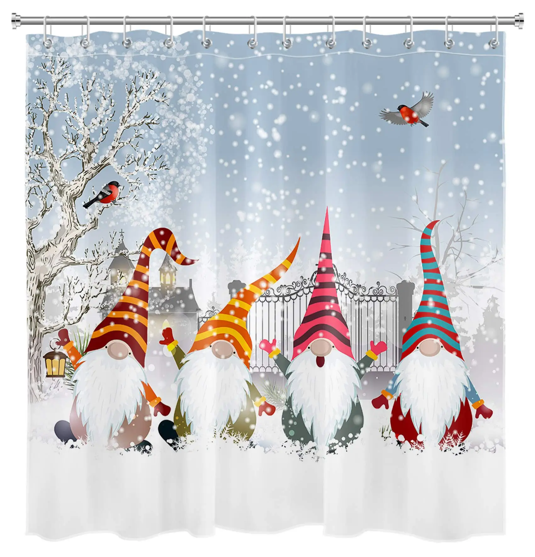 

Winter Gnomes Shower Curtain Christmas Animals Cardinals Snowflake Xmas Trees Holiday New Year Bathroom Curtain Polyester