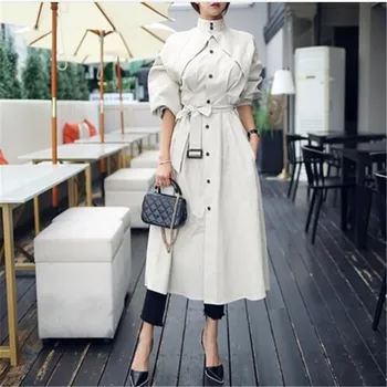 

Women Spring Long Trench Elegant Sashes Coat Casual Stand Collar Lantern Sleeve High Waist Lace Up Loose Windbreaker Overcoat