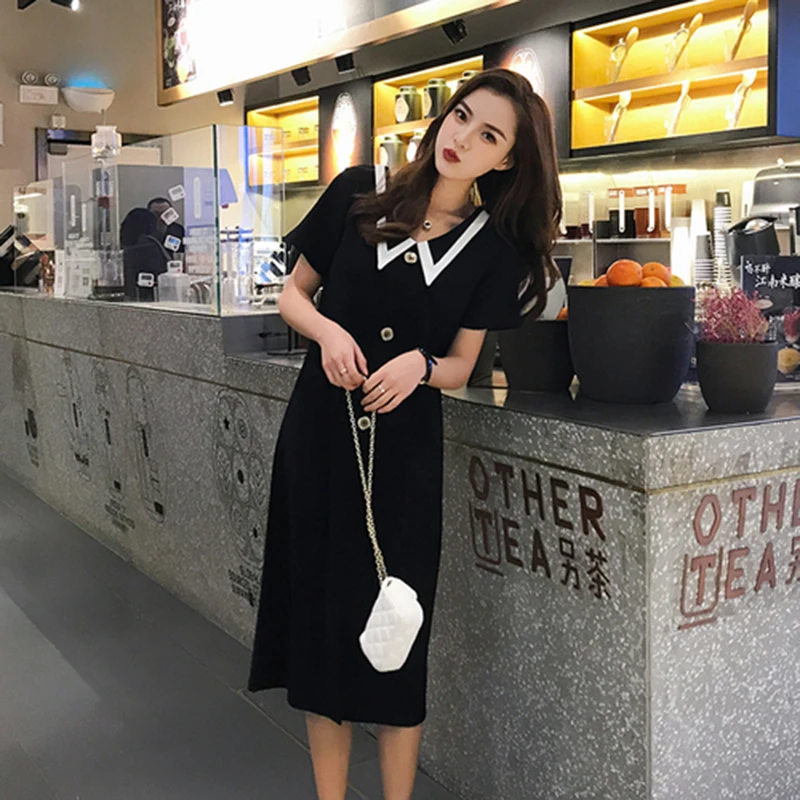 

New Arrival Summer Korean Style Women Short Sleeve Peter Pan Collar Dresses Button Design Black Long Dress Female Vestidos S16