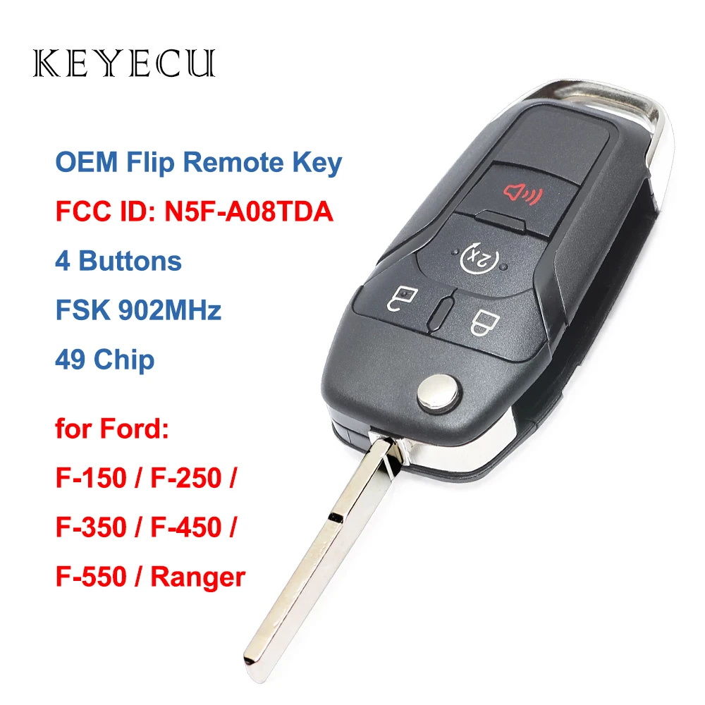 

Keyecu OEM Flip Remote Car Key Fob 4 Button 902Mhz 49 Chip for Ford F150 F250 F350 F450 F550 Ranger 2015-2020 FCC ID: N5F-A08TDA
