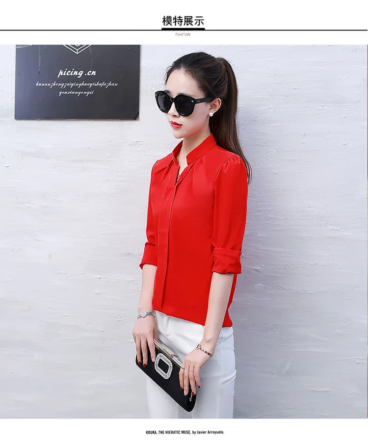 New Spring Autumn Tops Women Slim Pink Shirts Casual Long Sleeve V-Neck Solid Blouse Fashion Womens Chiffon Work Blouses