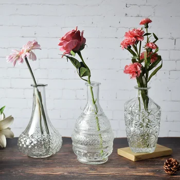 

Embossing Glass Bottle Living Room Bedroom European-Style Retro Fine-Mouth Flower Holder Creative Transparent Glass Vase