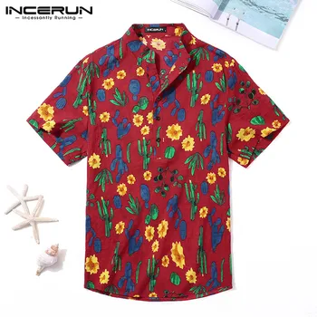 

INCERUN Cotton Printed Hawaiian Shirts Men Short Sleeve Vacation Fashion Casual Blouse Stand Collar Beach Summer Shirt Men 2020