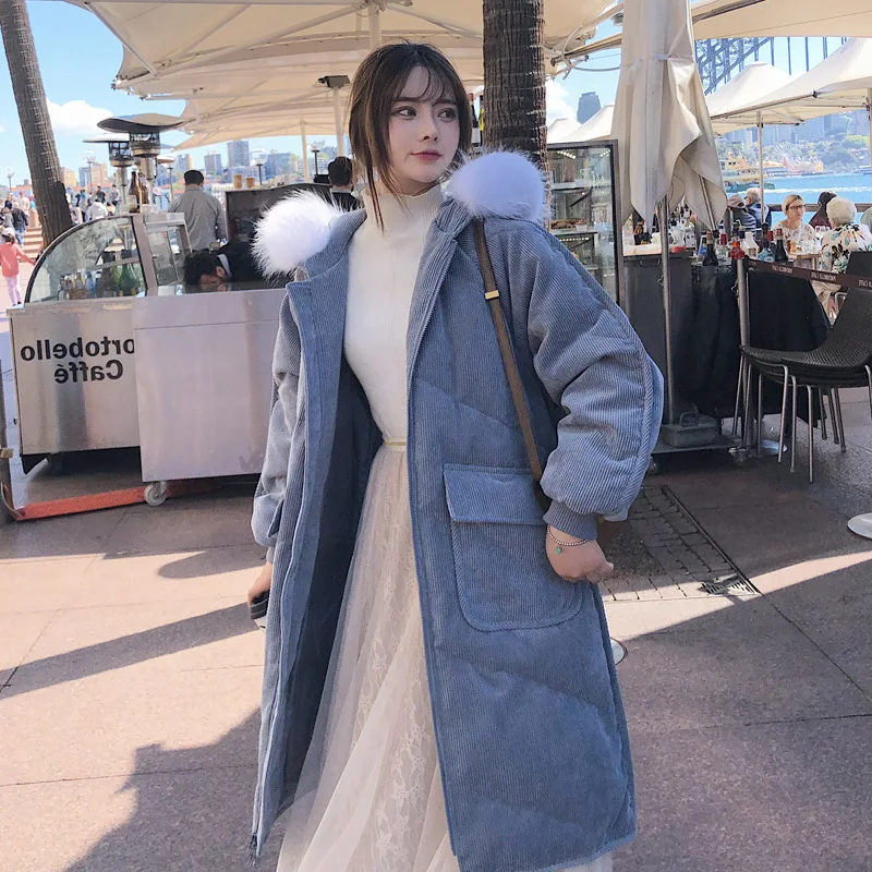 

Short-height Mid-length INS down Coat Women's 2019 New Style Winter Retro Large Fur Collar Corduroy Cotton-padded Clothes