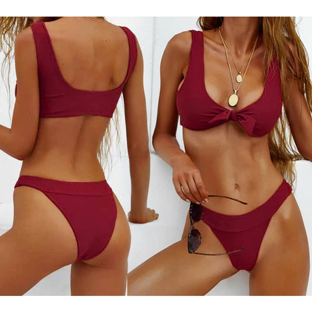 Conjunto de bikini con lazo para mujer, traje de baño femenino de dos piezas con lazo, cintura alta