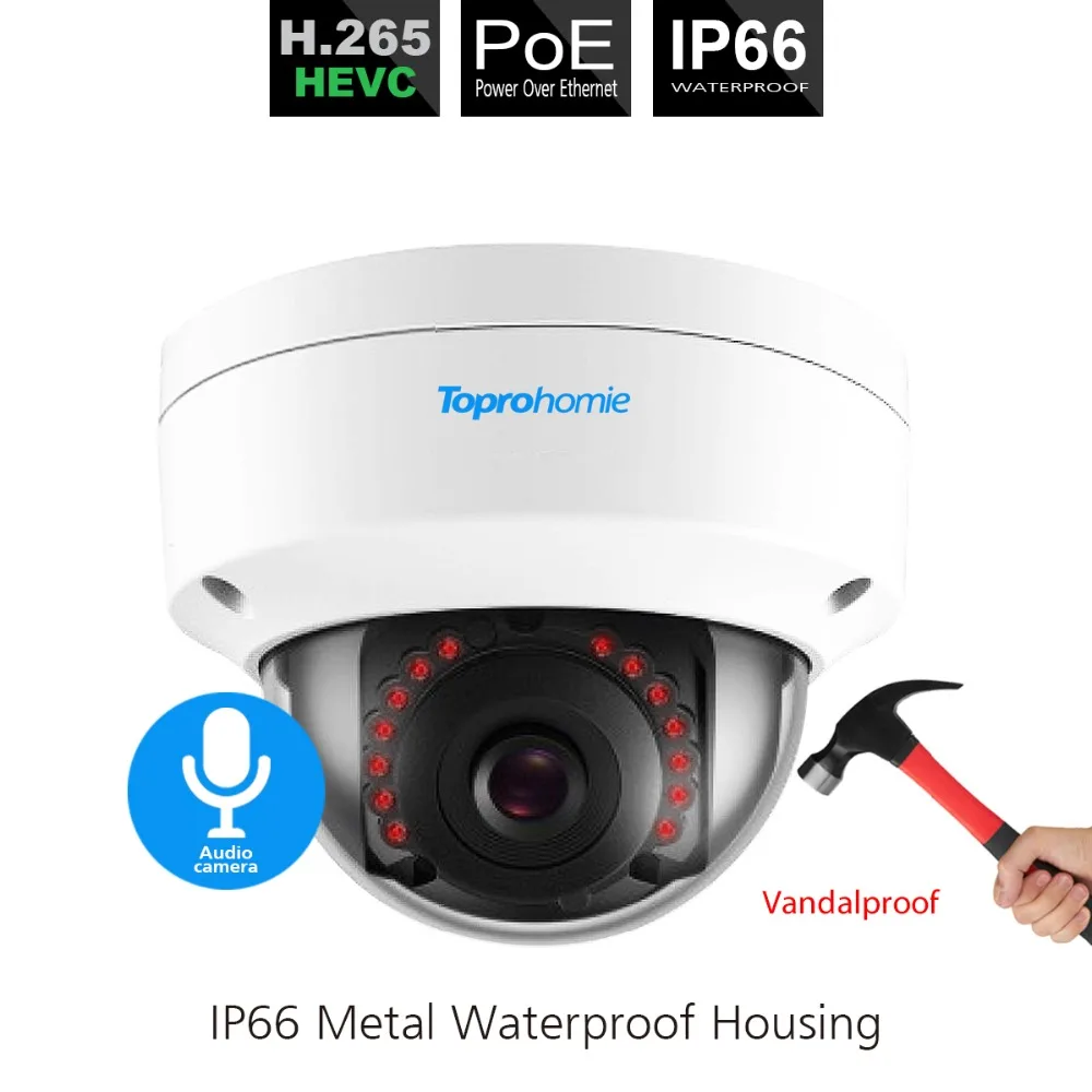 TOPROHOMIE H.265 5MP HD 48V POE ip-камера IP66 Vandalproof In/открытый купол безопасности onvif ip-камера аудио запись звук камера