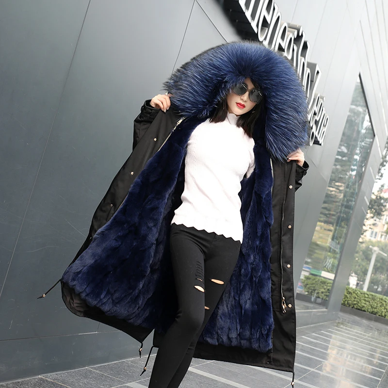 xlong blacknavyblue Новое поступление, женские зимние парки из хлопка с длинным рукавом, пальто из розового натурального меха с капюшоном, пальто с длинным рукавом для женщин - Цвет: xlong blacknavyblue