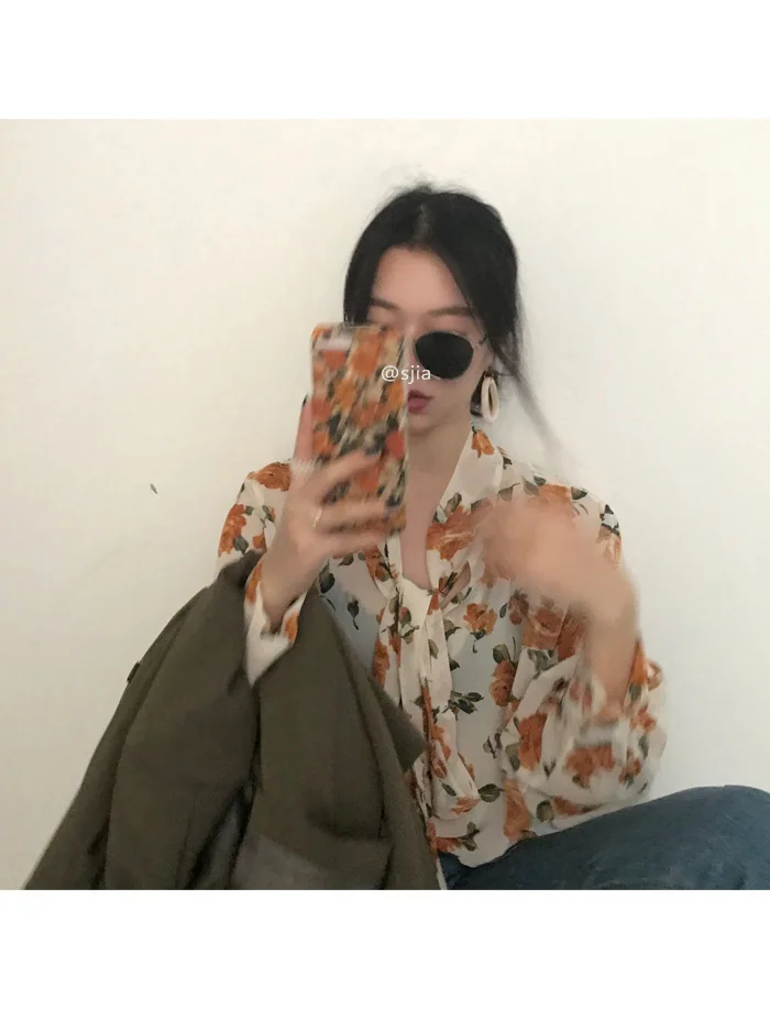 Neploe Women Chiffon Blouse Full Rose Printed Shirt Long Lantern Sleeve V-neck Elegant Tops New Fashion Lace Up Blusa 55645