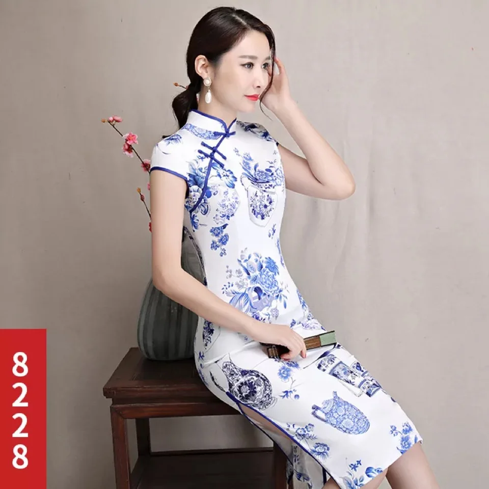 Новинка платье миди Cheongsam Qipao сезон: весна–лето платье Для женщин Элегантный принт женское платье модельные вечерние традиционное китайское платье Vestidos - Цвет: 8223