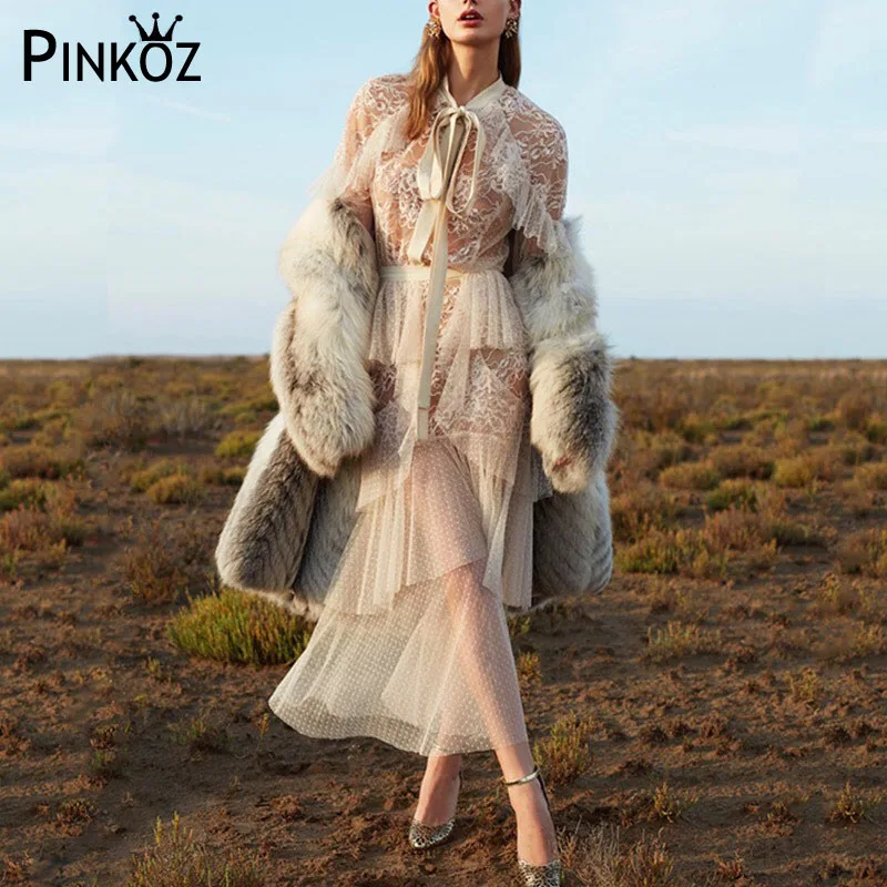 

Pinkoz Runway Designer Fashion Sexy Dress Long Sleeve Elegant Ruffled Style Dress Women Evening Wedding Party Dress