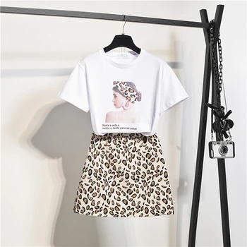 

2020 Summer Sweet Two piece Sets Women O-Neck Short Sleeve Print T-shirt + Leopard print Mini Skirt Sets
