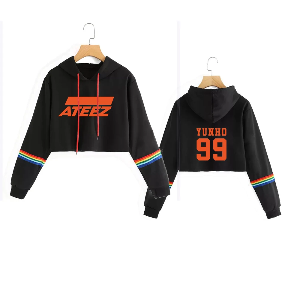 

Korean ATEEZ Crop Top Hoodie Women Sexy Cropped Exposed Navel Sweatshirts Long Sleeve Pullover Streetwear Member Name Tops