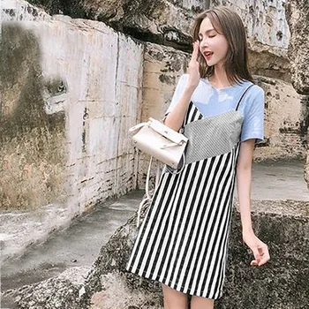 

Summer Fashion Dress Black And White Striped Dresses Casual Elegant Sheath O-neck Short-sleeved Dress