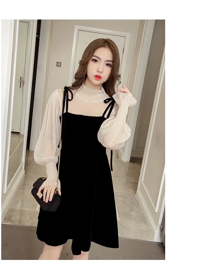 Spring New Elegant Two Piece Dress for Women Women Winter Korean A-Line O-Neck Tops and Black Sundress Streetwear Dress Vestidos satin dress