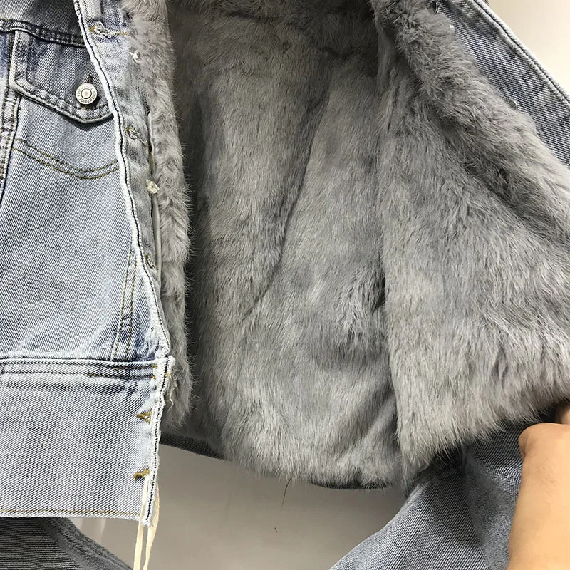 Новинка, зимнее меховое пальто, женская одежда, натуральный кроличий мех, внутренний воротник из натурального Лисьего меха, короткая джинсовая куртка, утолщенное теплое пальто, укороченный топ