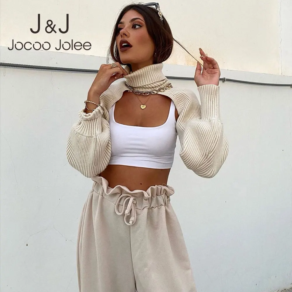 

Jocoo Jolee Long Sleeve Cropped Tops Korean Solid Knitted Sweater Sexy Turtleneck Cut Out Sweater Women Vintage Pullover Jumper