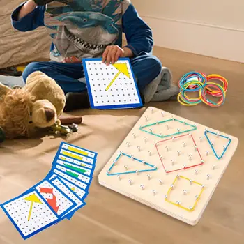 

Wooden Mathematical Manipulable Material Array Blocks Graphic Educational Toys With 24Pcs Pattern Cards And Rubber Band Shapes