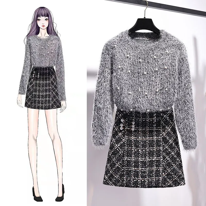 

Suit Skirt Female Sweater Outfit Long Sleeve Sweater + Wool Plaid Mini Skirt Costume Women Clothes for Autumn Winter