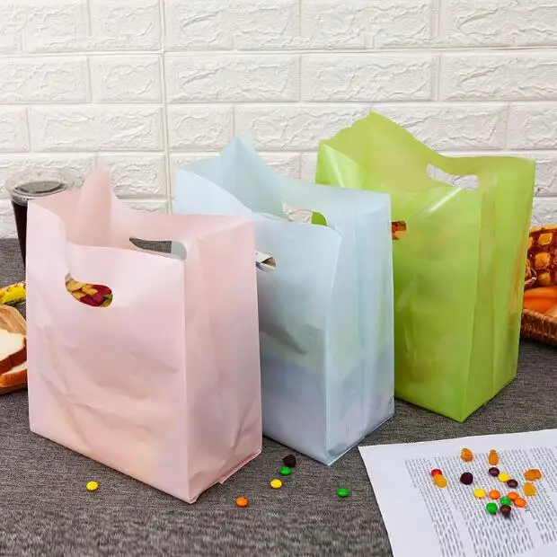 

50pcs Colorful Plastic Bag With Handle Cake Packaging Bags Small Candy Snacks Storage Bag Food Package Bag