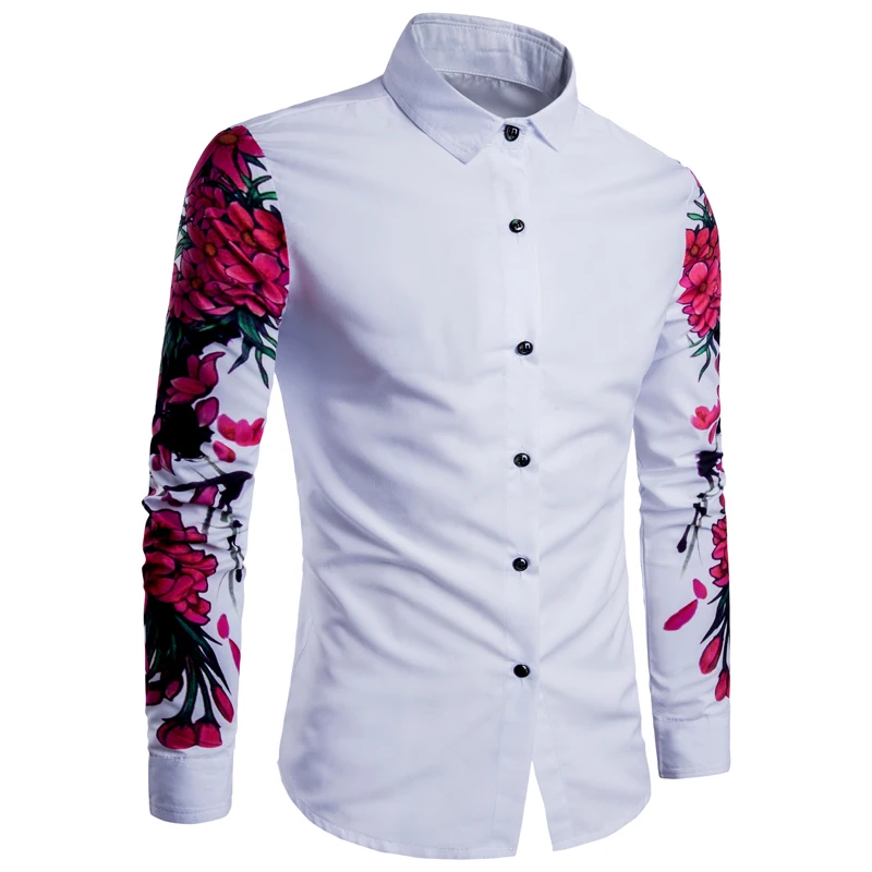 

Spring Floral Print Men Shirts Long Sleeve Casual Black Retro Social Camisa Masculina Slim Fit Chemise Homme