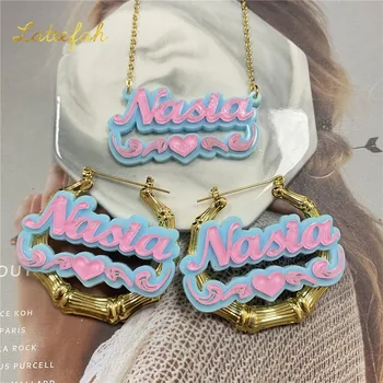 

Jewelry Sets Fashion Custom Letter Acrylic Bamboo Style Earring Round Hoop O Chain Pendant Necklace For Women Gift