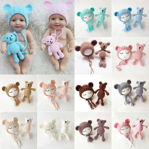New Cute Newborn Baby Knit Crochet Bear Hat+Bear Toy Photography Props Costume  1