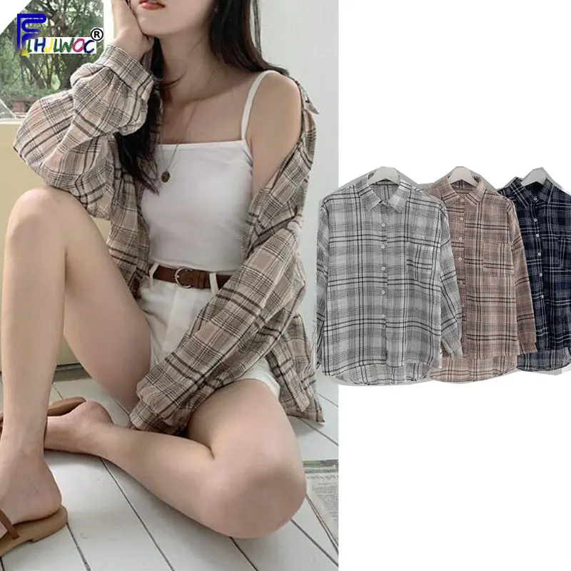 

Loose Tops Woman Fashion Long Sleeve Korea Design Preppy Style Casual Boyfriend Shirt Button Plaid Latice Blouse 7327