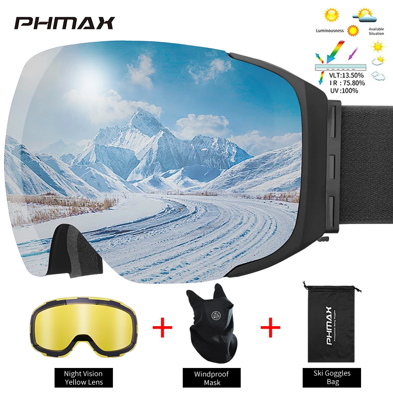 PHMAX Magnetic Ski Glasses Winter Double Layer Anti-Fog Ski Goggles Anti-Glare Snowboard Glasses With Yellow Lens For Men&Women