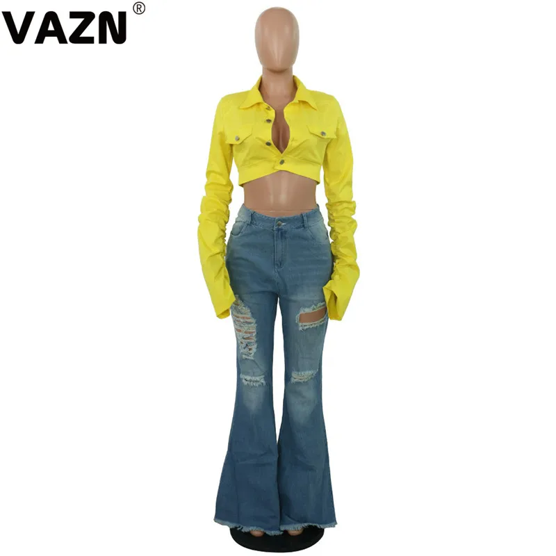 VAZN шикарный товар осеннее Сексуальное Женское Желтое Короткое пальто с длинным рукавом на пуговицах однотонное повседневное пальто уличная одежда для молодых девушек