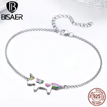 BISAER подлинный 925 пробы Серебряный эмалированный браслет на цепочке с рисунком единорога для женщин, модное ювелирное изделие GXB077