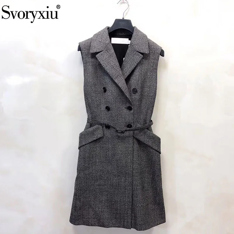 

Svoryxiu Runway Custom Autumn Winter Vintage Wool Dress Women's High End Silk Lining Double-Breasted Sleeveless Dresses