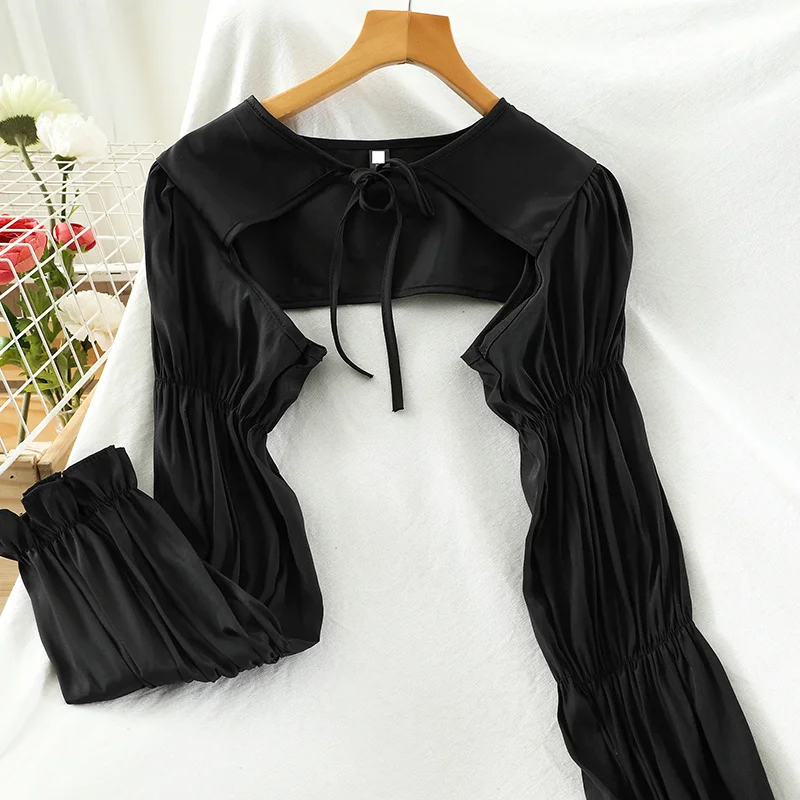 

Mingli Tengda Coat Women Long Sleeves Thin Pleated Jacket Capes Wedding Accessories Apricot Bolero Bride Gilet Mariage Black