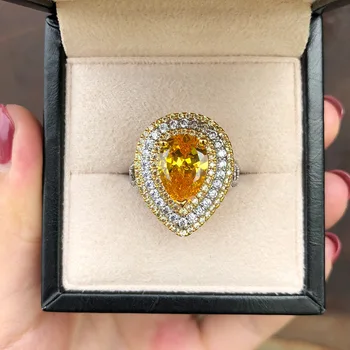 

CMajor Sterling Silver Synthetic Diamond Jewelry Temperament Elegant 14ct Cubic Zircon Yellow Drop Shape Classic Ring for Women