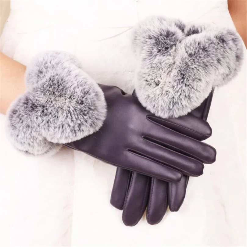 YRRETY модные зимние Для женщин на открытом воздухе Повседневное перчатки из кожи и плюша Ветрозащитный Полный палец рукавицы для запястья, женская теплая обувь на кроличьем меху Перчатки - Цвет: Herringbone  purple