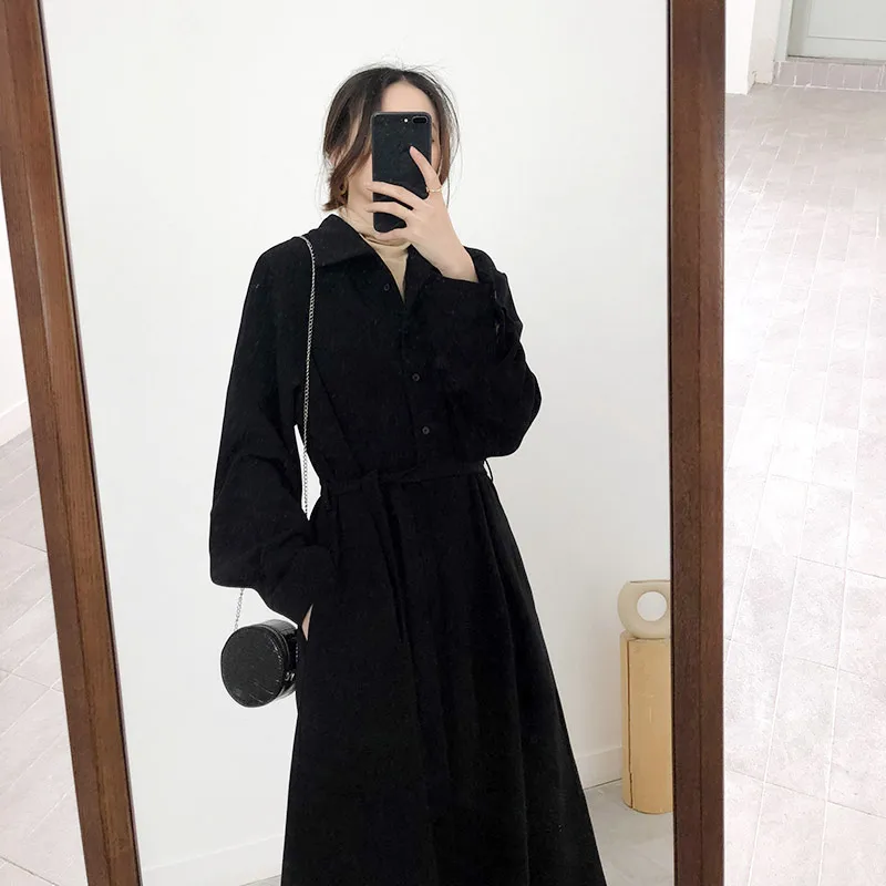 

HAYBLST Brand Women Vintage Shirt Dress 2019 New Autumn Winter Fashion Lapel Black Clothing Korean Plus Size XL Lady Long Dress