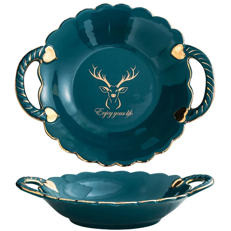 JINSERTA Ceramic Serving Tray Dessert Fruit Snack Nuts Plate Luxury Gold Inlay Salad Sushi Plate with Handle Home Decor Tray