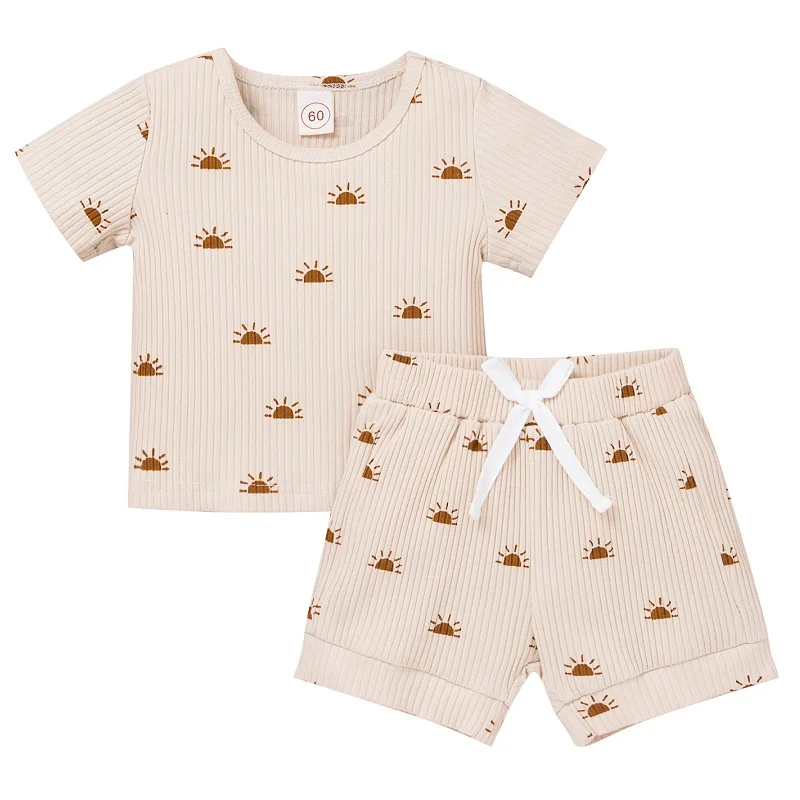 0-6 years old summer girl baby pit pattern sun printing solid color pullover 2022 new boy baby short-sleeved T-shirt shorts 2Pcs Baby Clothing Set best of sale