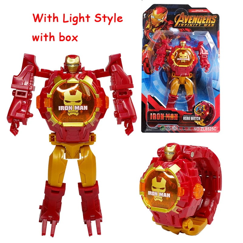 Ironman B boxed Мстители трансформация часы игрушки с светильник Электронный Робот наручные часы супер герой Капитан летучая мышь человек деформированная фигура игрушка Подарки - Цвет: Ironman B boxed