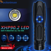 Brightest LED Flashlight XHP90.2 XLamp Tactical waterproof Torch Smart chip control With bottom attack cone USB rechargeable