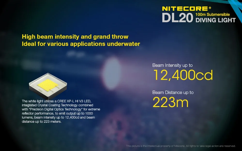 NITECORE DL20 светильник-вспышка для дайвинга CREE XP-L HI V3 max 223 лм наружный фонарь 100 м Водонепроницаемый погружной светильник для дайвинга