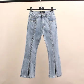 

Diamond Hot Drill Jeans Women 2020 Fashion Spring Slim Fit Denim Pants Female High-waist Elasticity Skinny Denim Flare Trousers