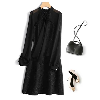 

2019 Autumn Winter Slim chiffon Patchwork tweed Dress Female Elegant Bow Tie Long sleeve party Dress Vestido Robe Femme