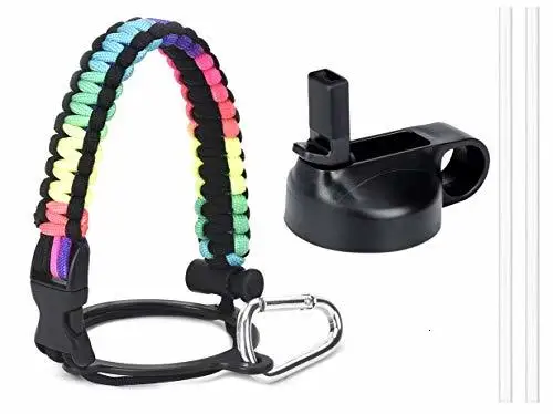 rainbow Paracord ручка для гидро колбы с широким горлом бутылки безопасности кольцо и карабин, с изолированной широким горлом соломенной крышкой и двумя соломинками - Цвет: rainbow