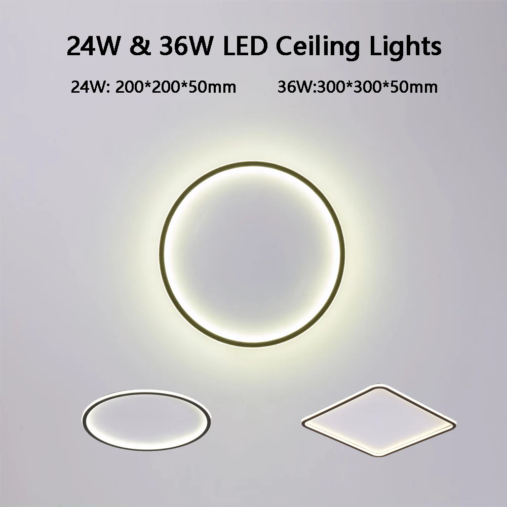 

Ultra Thin LED Mount 24W/36W Ceiling Light Fixture Flat Modern Round Square Lamp Cold White Closets Kitchens Stairwells