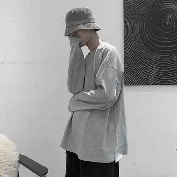 

T-shirt languid style solid casual long sleeve T-shirt white spring fashion men's basic summer versatile loose fit